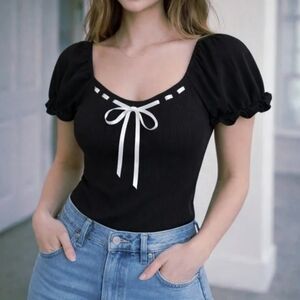 NWT Frankee & Skylarr Women's Brown Ribbed Bow Short Sleeves Top Size XL